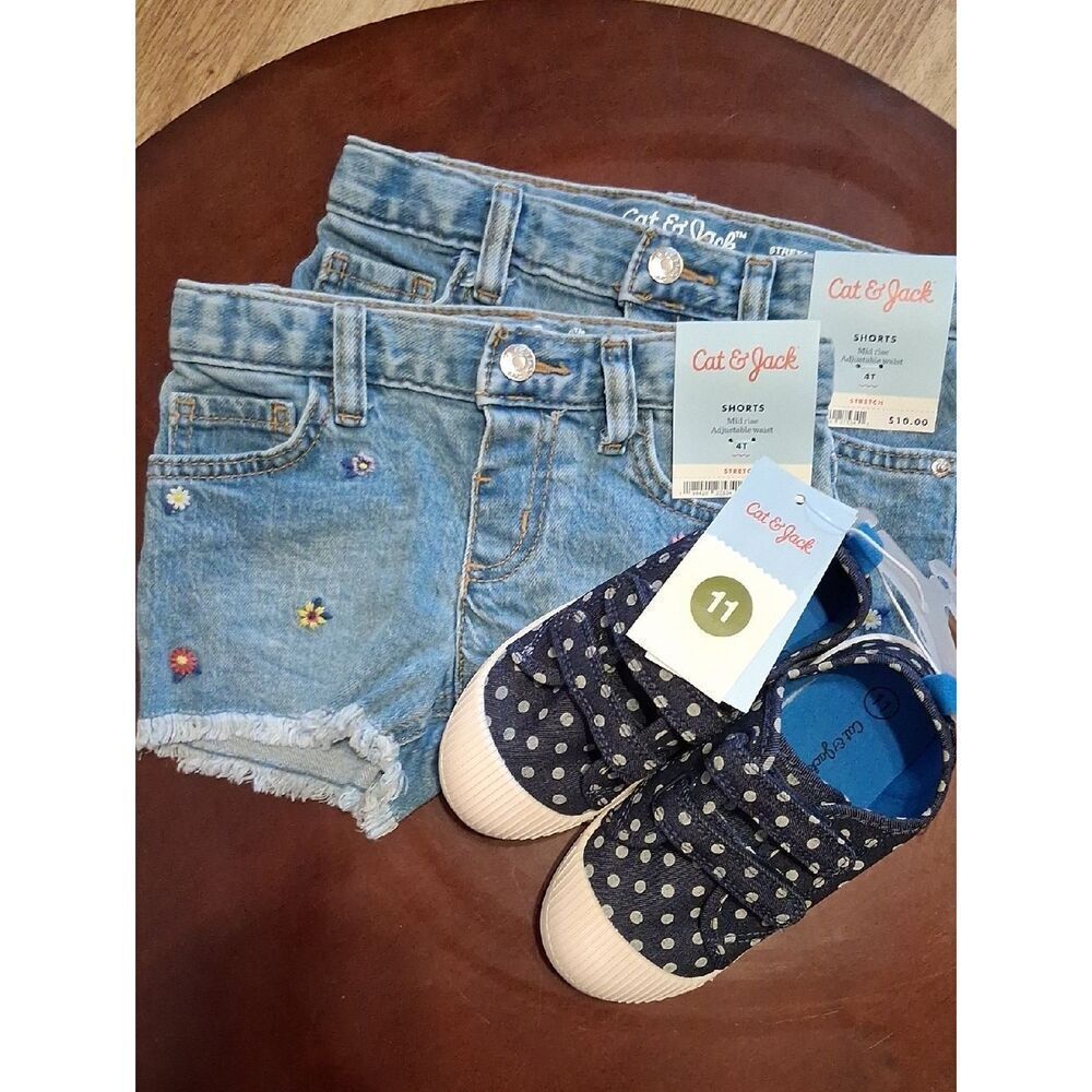 BUNDLE Cat & Jack Girls 2 Jean Shorts 4T. Denim Polka Dot Sneakers Size 11 New